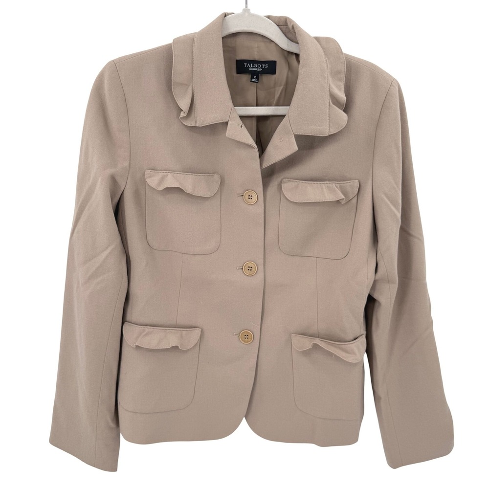 Talbots Womens Tan 99% Wool Blend Ruffle Collar 4-Pocket Button Front Blazer 10